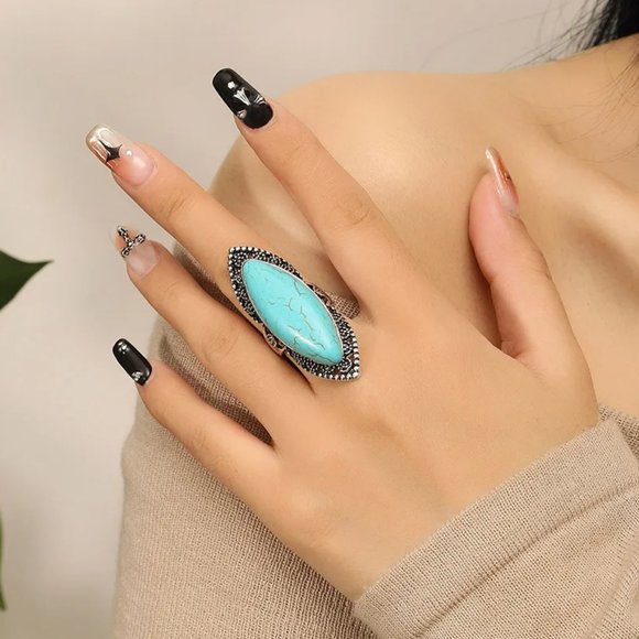 Western Southwestern Aged Silver & Turquoise Boho Statement Ring NEW - Picture 3 of 6